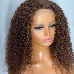 20 inch medium brown kinky curly 5x5 wig with lightly bleached knots|brown curls
